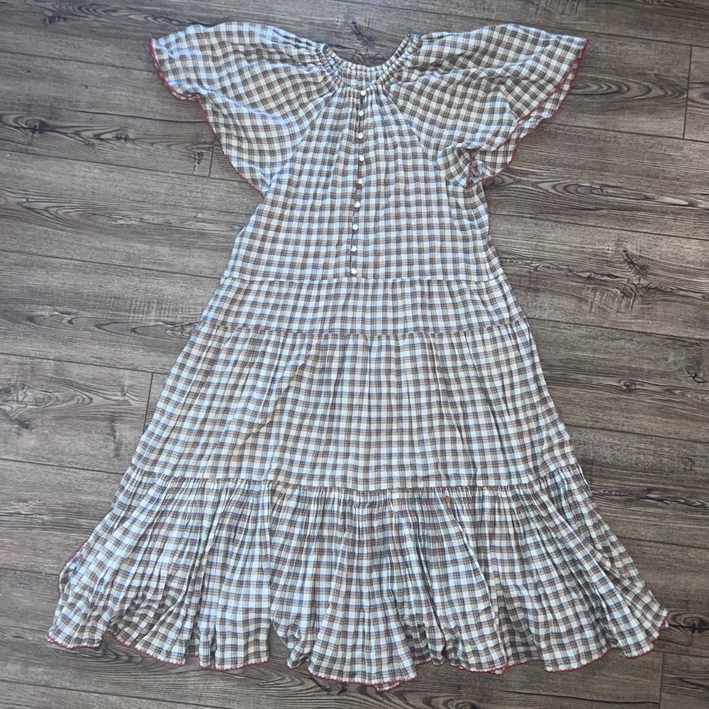 THE GREAT. Beige and White Gingham Tiered Midi Dress - Picture 4 of 5